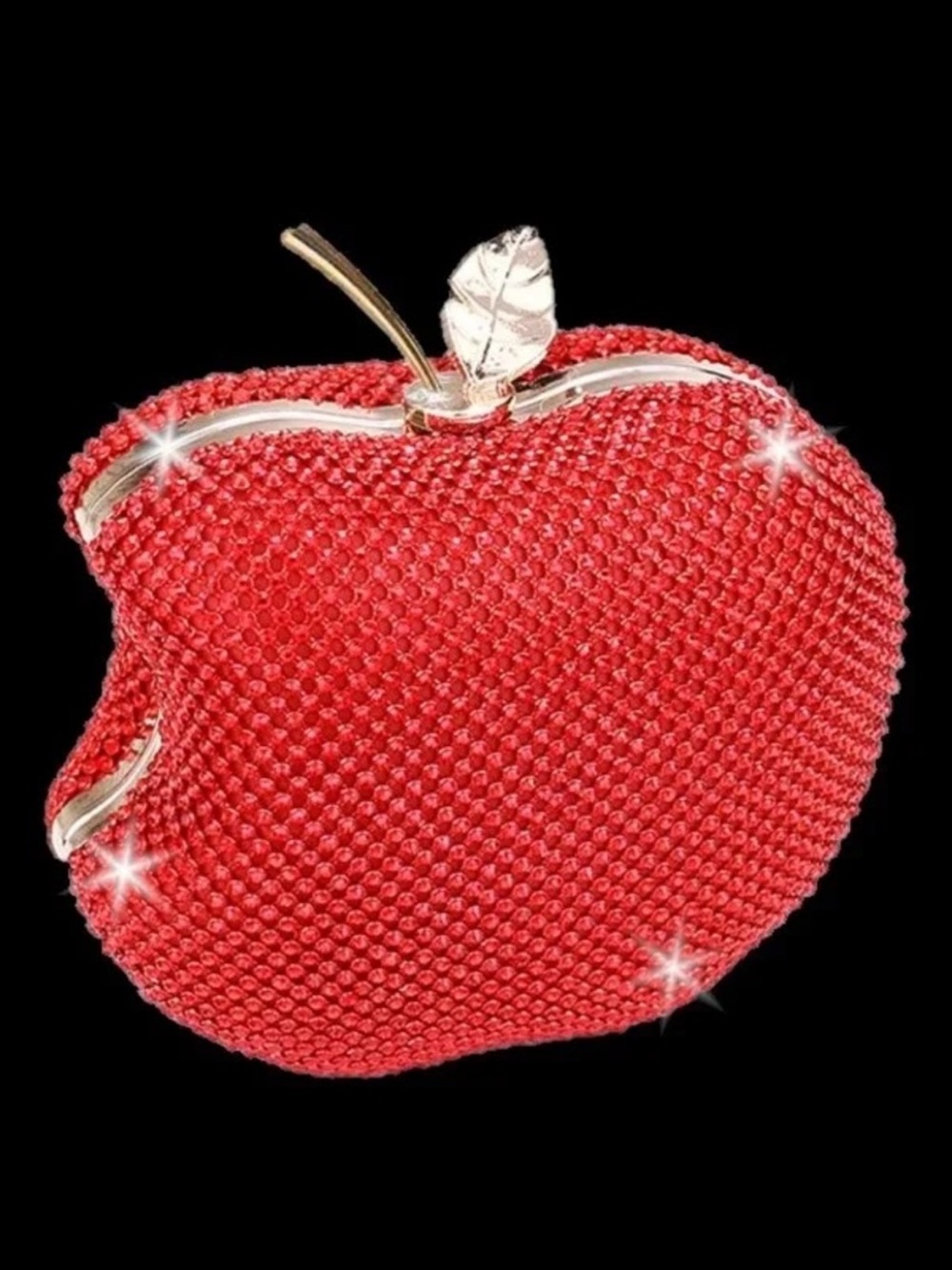 Ruby Red Pave Crystal rhinestone Bitten APPLE Evening Bag MINI Clutch purse Gold